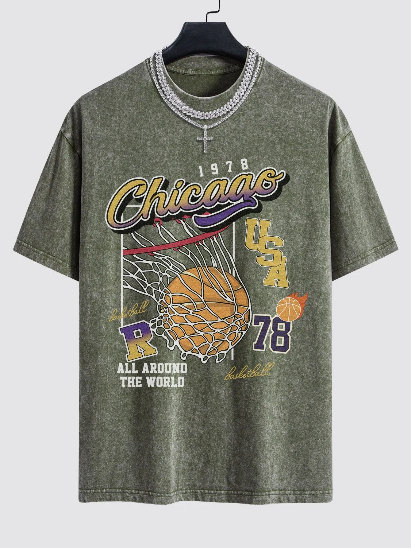 Chicago Basketball Print Washed Drop Shoulder Oversize T-Shirt