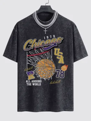 Chicago Basketball Print Washed Drop Shoulder Oversize T-Shirt