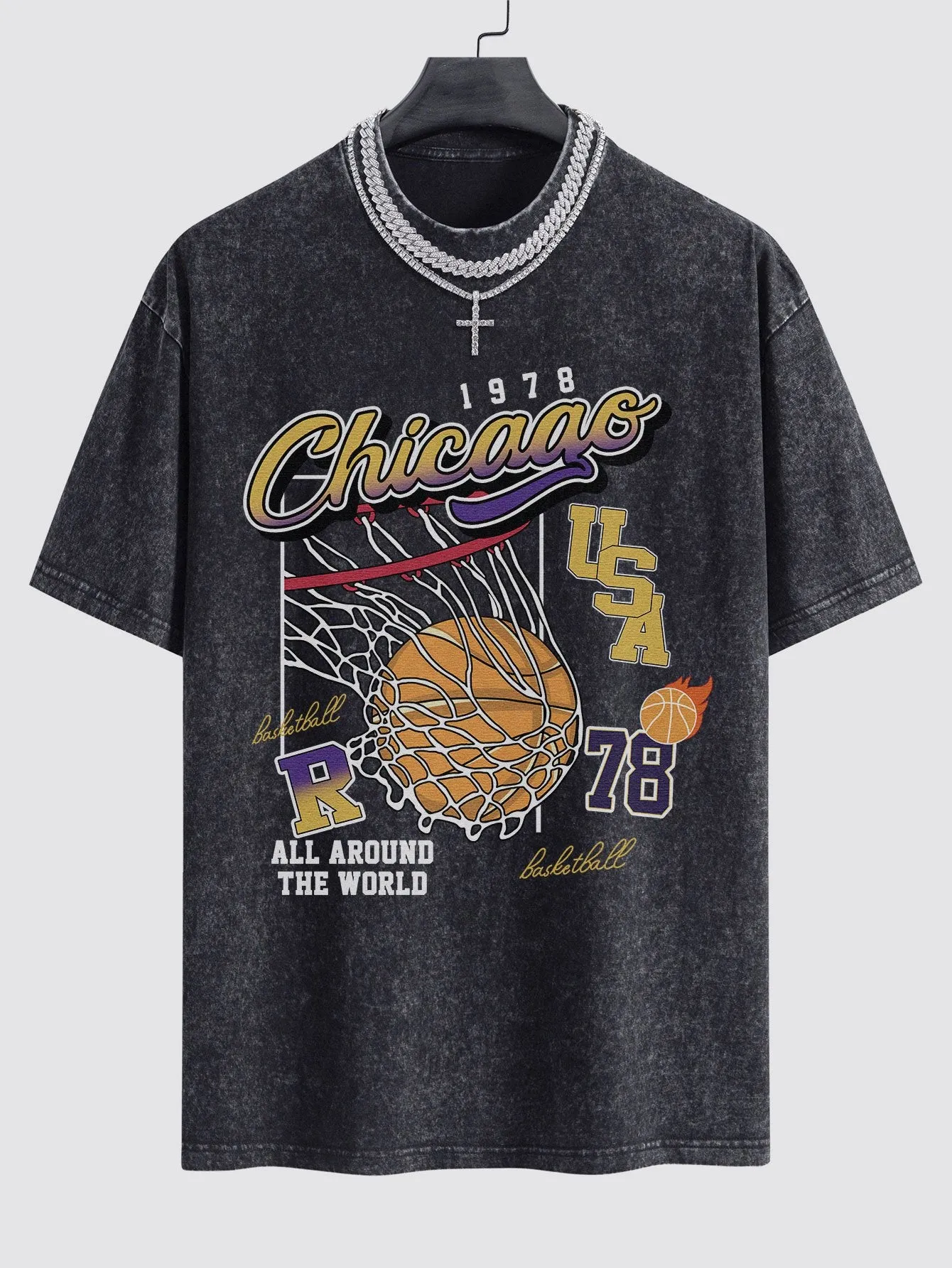 Chicago Basketball Print Washed Drop Shoulder Oversize T-Shirt