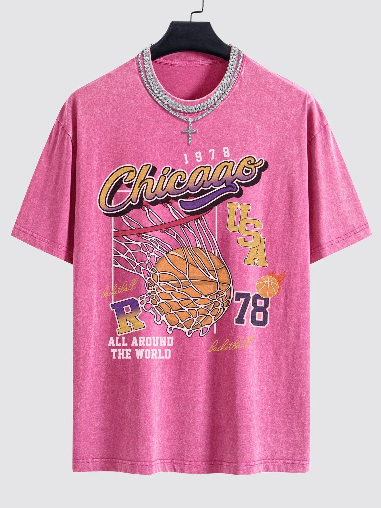 Chicago Basketball Print Washed Drop Shoulder Oversize T-Shirt