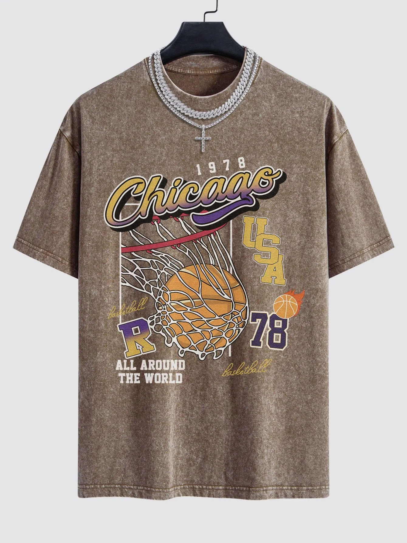 Chicago Basketball Print Washed Drop Shoulder Oversize T-Shirt