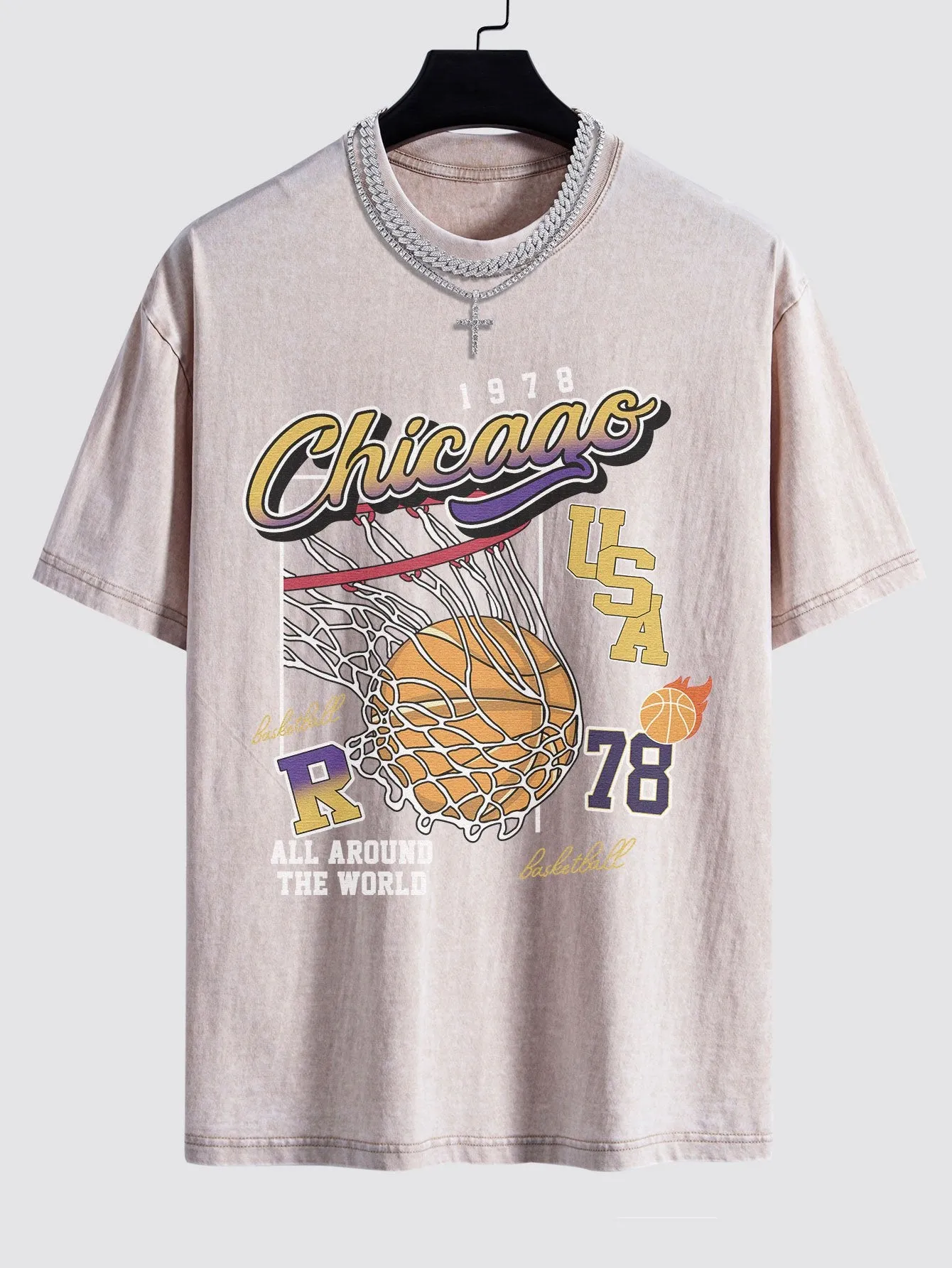 Chicago Basketball Print Washed Drop Shoulder Oversize T-Shirt