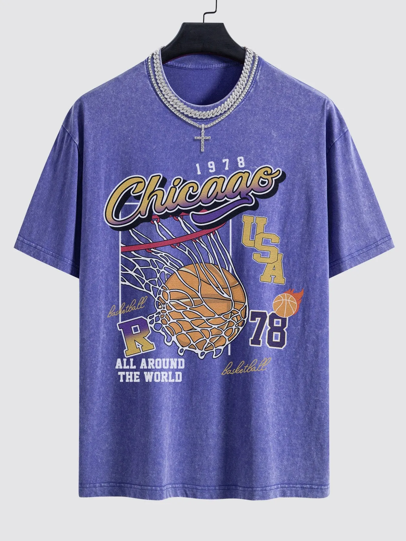 Chicago Basketball Print Washed Drop Shoulder Oversize T-Shirt