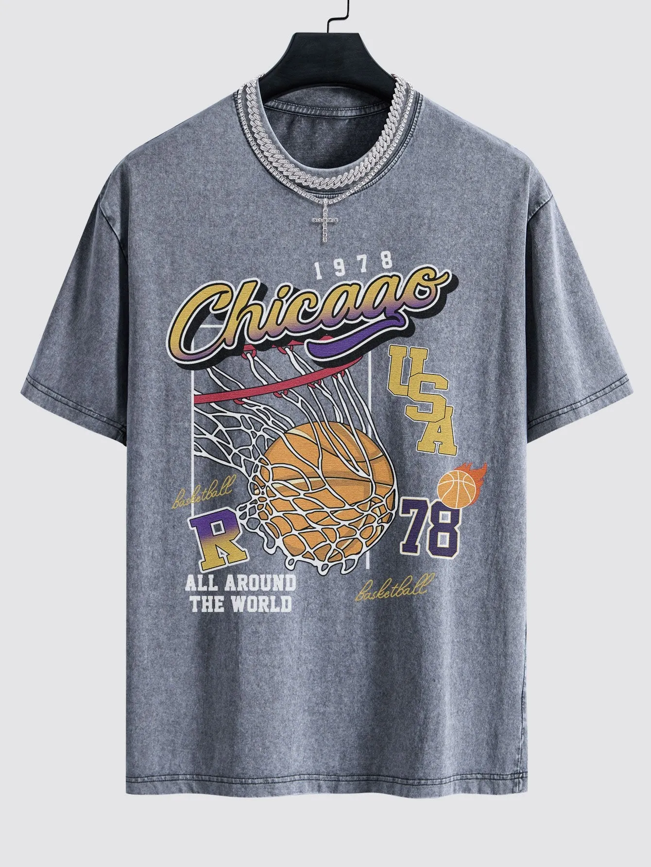 Chicago Basketball Print Washed Drop Shoulder Oversize T-Shirt
