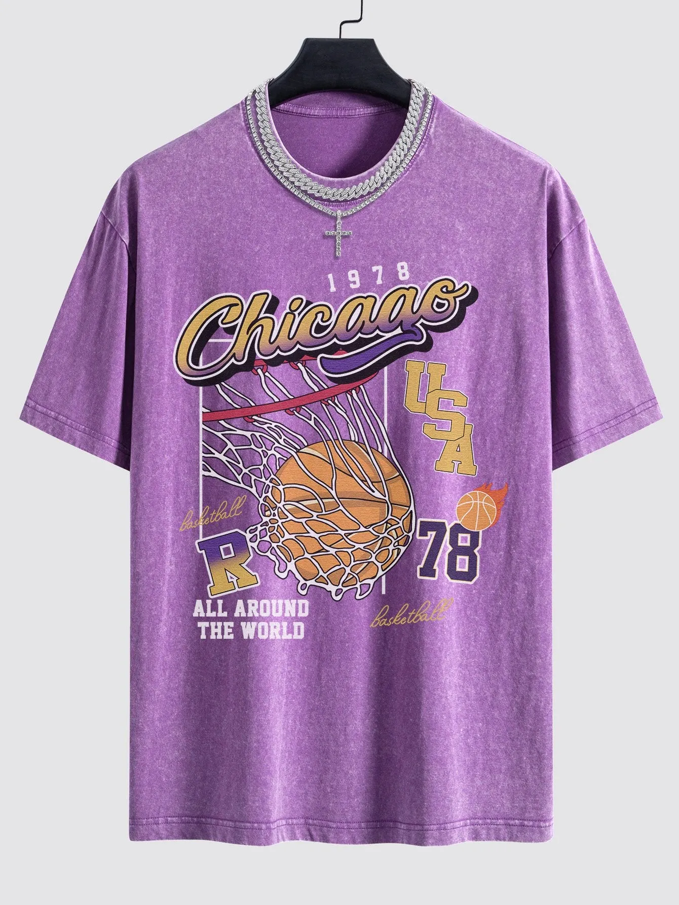 Chicago Basketball Print Washed Drop Shoulder Oversize T-Shirt