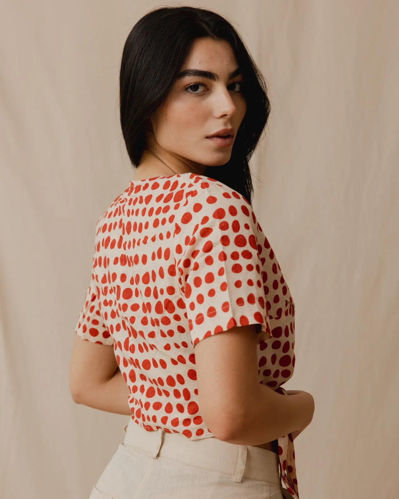 Cinnamon Polka Dot Linen Top