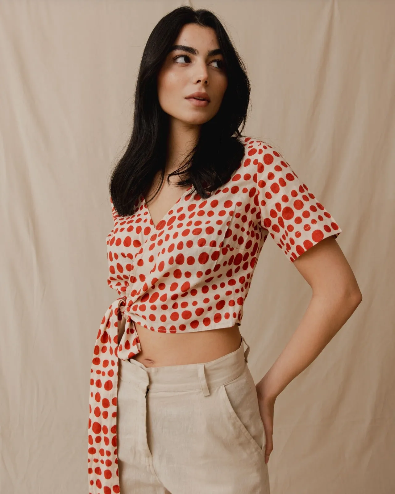 Cinnamon Polka Dot Linen Top
