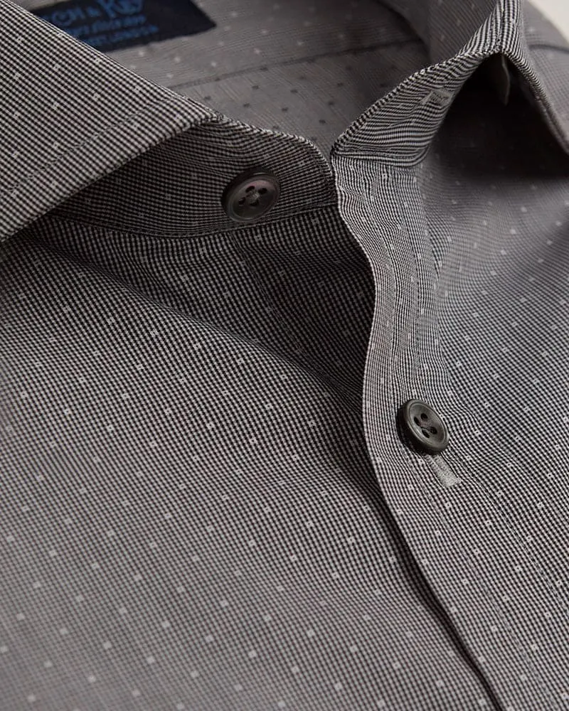 Contemporary Fit Black & White Dot Twill Cotton Shirt with Cut-away Collar & Two Button Cuff