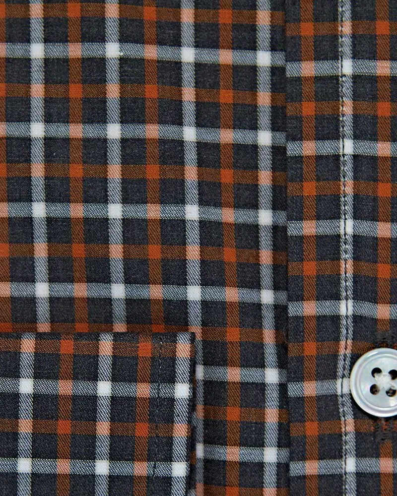 Contemporary Fit Brown Overcheck Cotton Shirt with Button Down Collar & Two Button Cuff