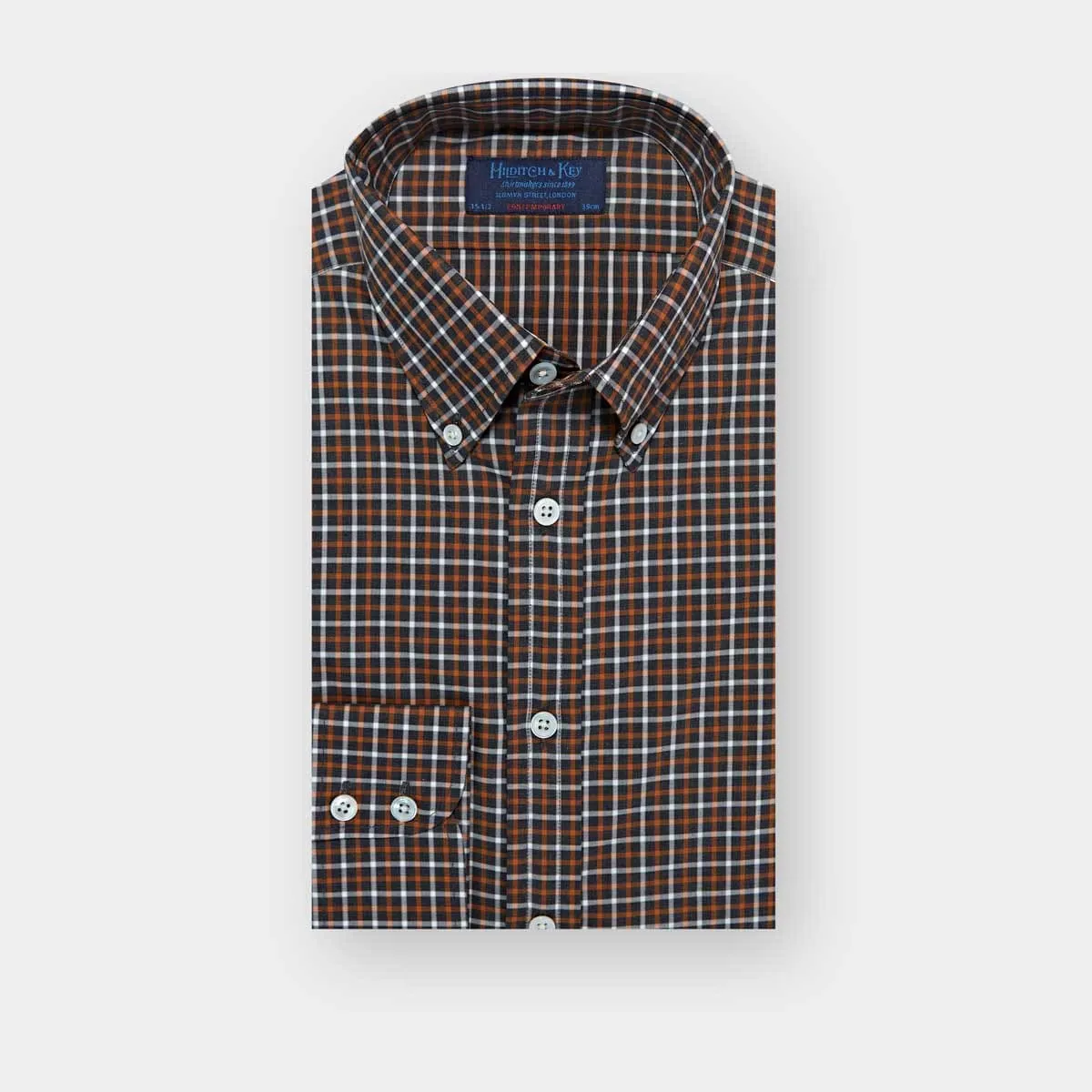 Contemporary Fit Brown Overcheck Cotton Shirt with Button Down Collar & Two Button Cuff