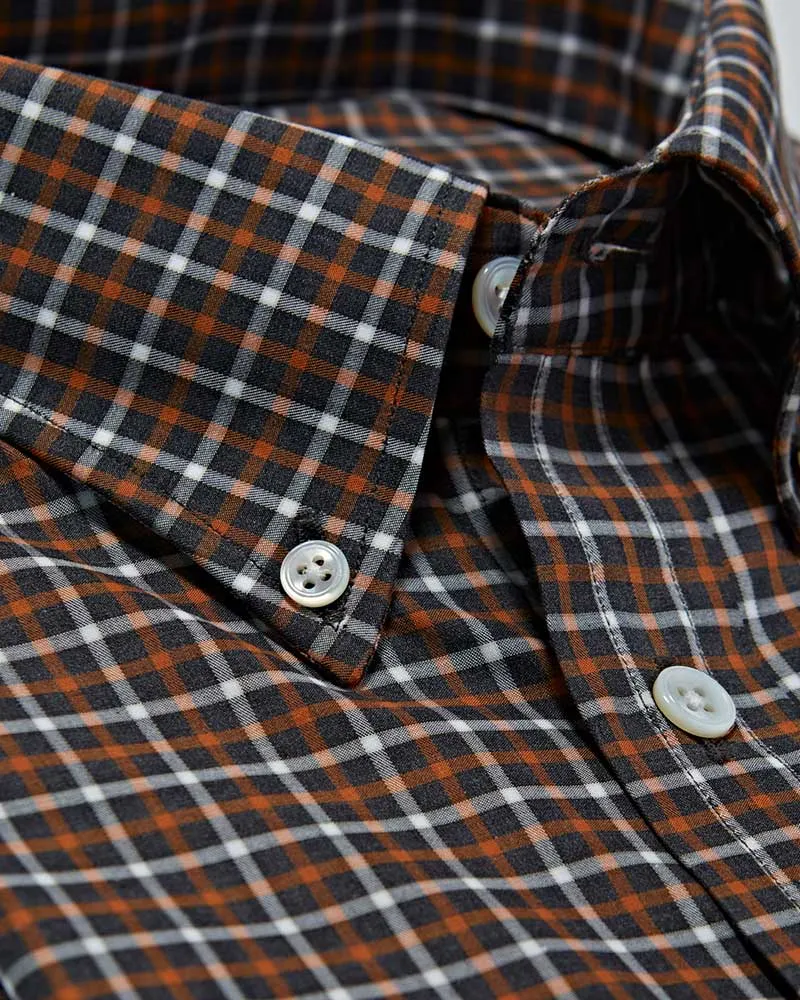 Contemporary Fit Brown Overcheck Cotton Shirt with Button Down Collar & Two Button Cuff
