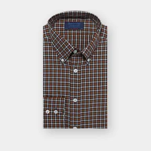 Contemporary Fit Brown Overcheck Cotton Shirt with Button Down Collar & Two Button Cuff
