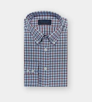 Contemporary Fit, Button Down Collar, Two Button Cuff Shirt In Blue & White With Navy & Red Check