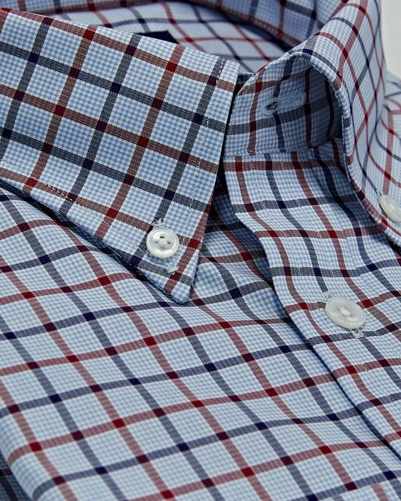 Contemporary Fit, Button Down Collar, Two Button Cuff Shirt In Blue & White With Navy & Red Check
