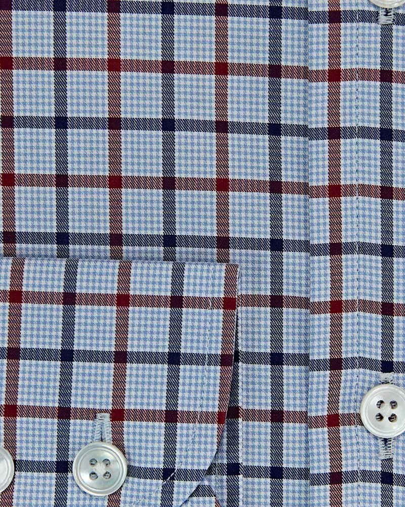 Contemporary Fit, Button Down Collar, Two Button Cuff Shirt In Blue & White With Navy & Red Check