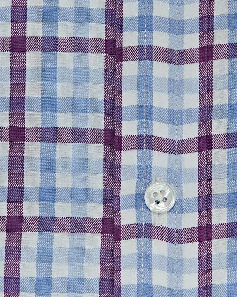 Contemporary Fit, Cut-away Collar, 2 Button Cuff Purple, Blue & White Large Check Twill Cotton Shirt