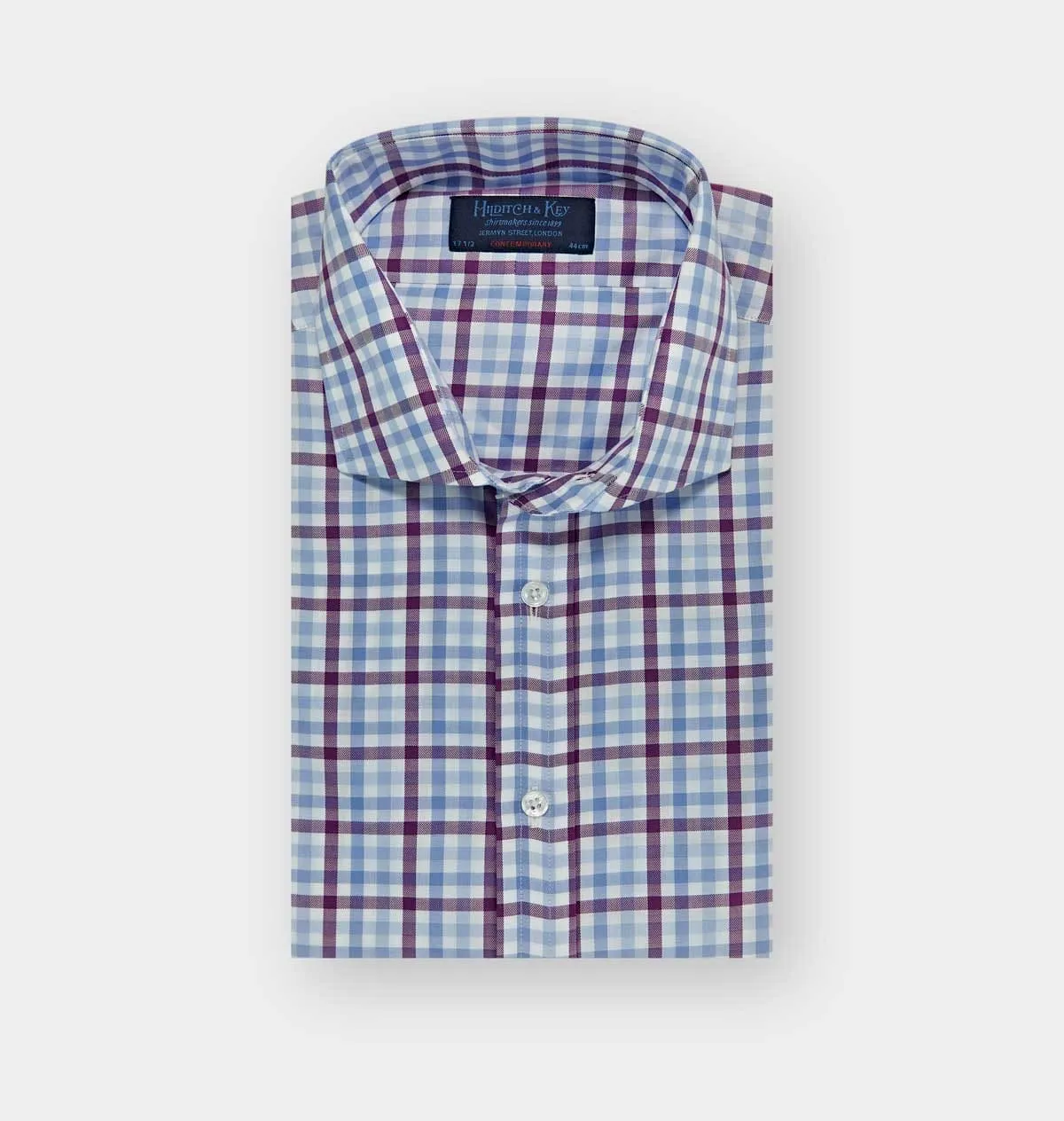 Contemporary Fit, Cut-away Collar, 2 Button Cuff Purple, Blue & White Large Check Twill Cotton Shirt