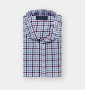 Contemporary Fit, Cut-away Collar, 2 Button Cuff Purple, Blue & White Large Check Twill Cotton Shirt