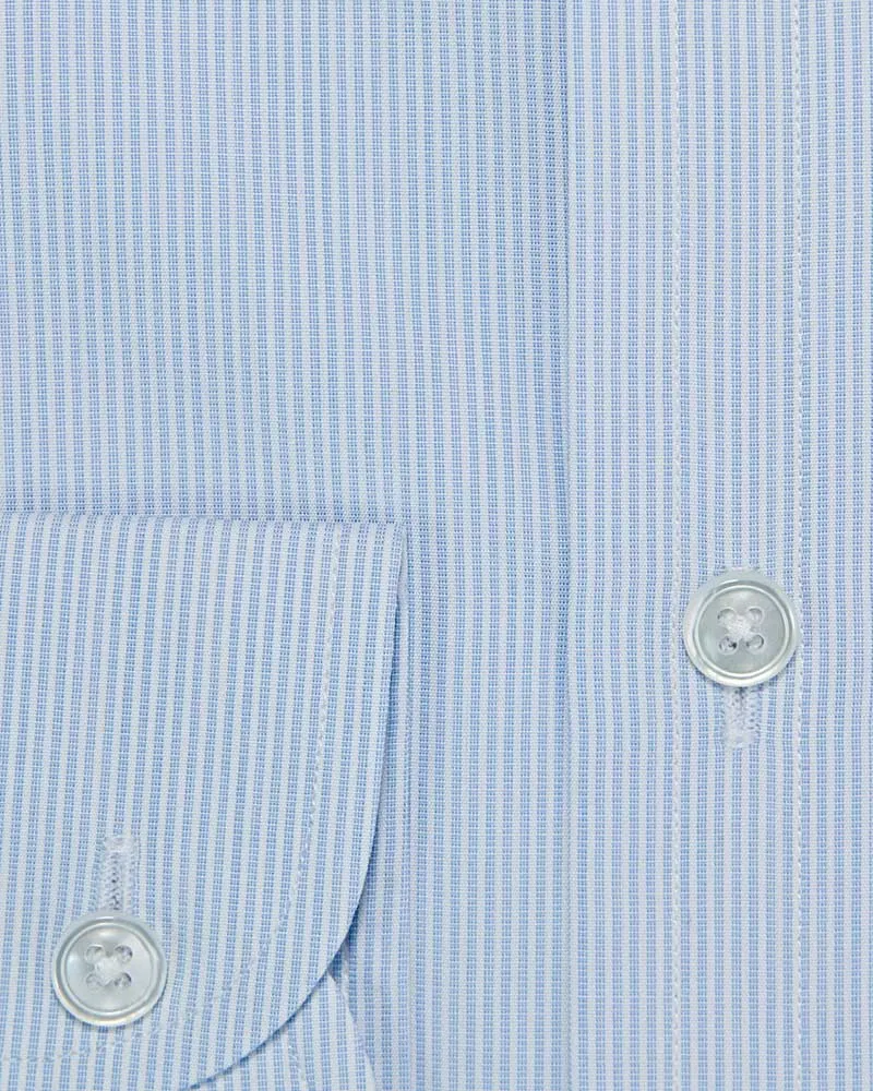 Contemporary Fit Light Blue Ladder Stripe Cotton Shirt with Cut-away Collar & Two Button Cuff