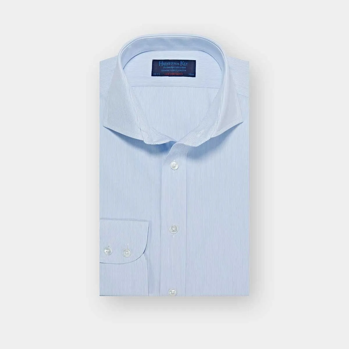 Contemporary Fit Light Blue Ladder Stripe Cotton Shirt with Cut-away Collar & Two Button Cuff