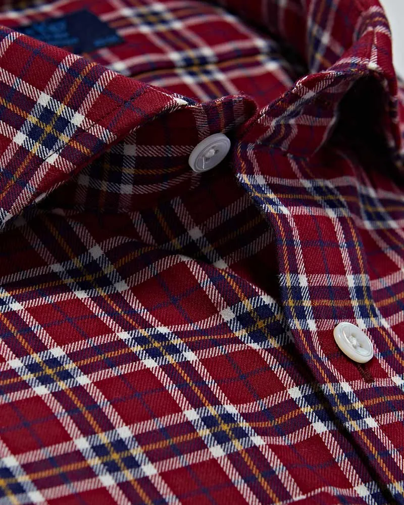 Contemporary Fit Red & Navy Check Brushed Cotton Shirt with Cut-away Collar & Two Button Cuff