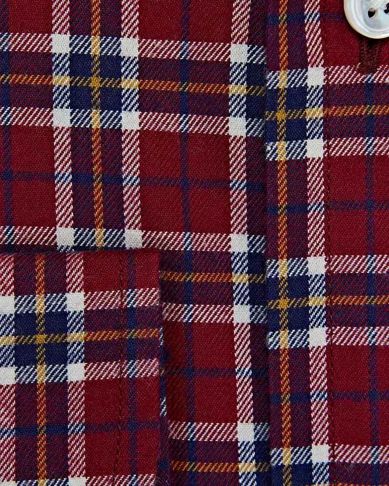 Contemporary Fit Red & Navy Check Brushed Cotton Shirt with Cut-away Collar & Two Button Cuff