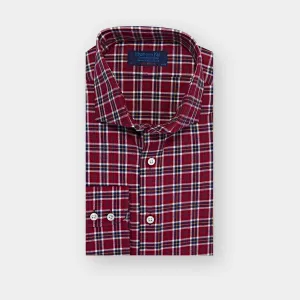 Contemporary Fit Red & Navy Check Brushed Cotton Shirt with Cut-away Collar & Two Button Cuff