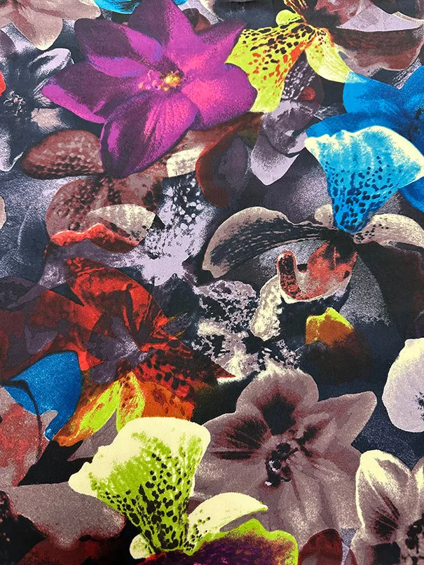 Eggplant Multi Orchid Print Poly Charmeuse Satin Fabric