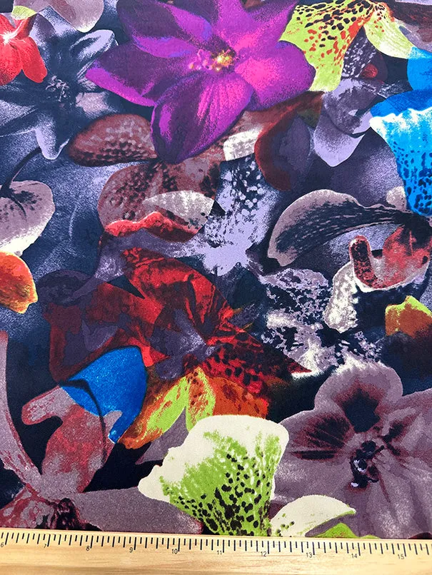 Eggplant Multi Orchid Print Poly Charmeuse Satin Fabric