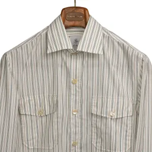 Exclusive Work Shirt in ecru cotton with blue and tan retro stripes