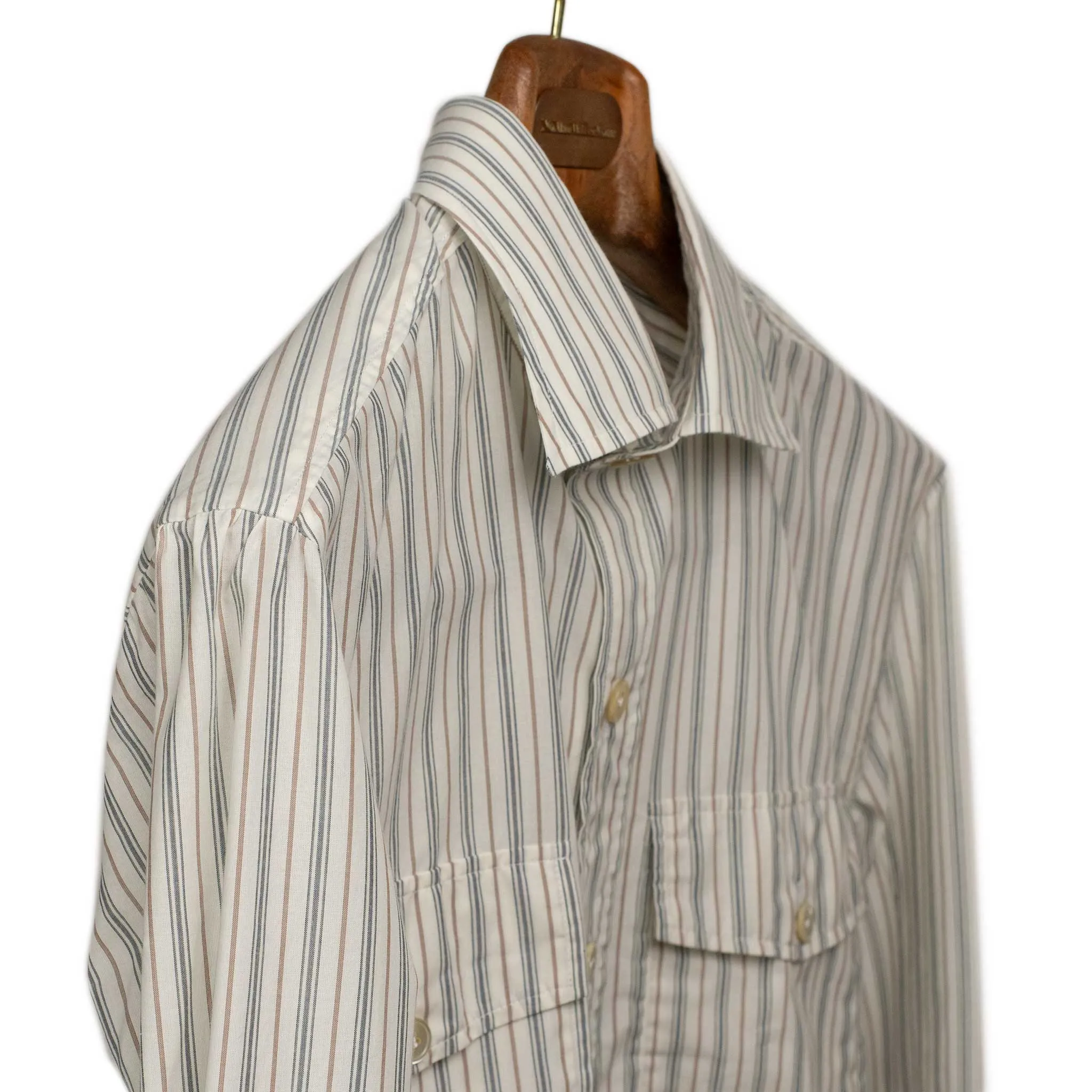 Exclusive Work Shirt in ecru cotton with blue and tan retro stripes