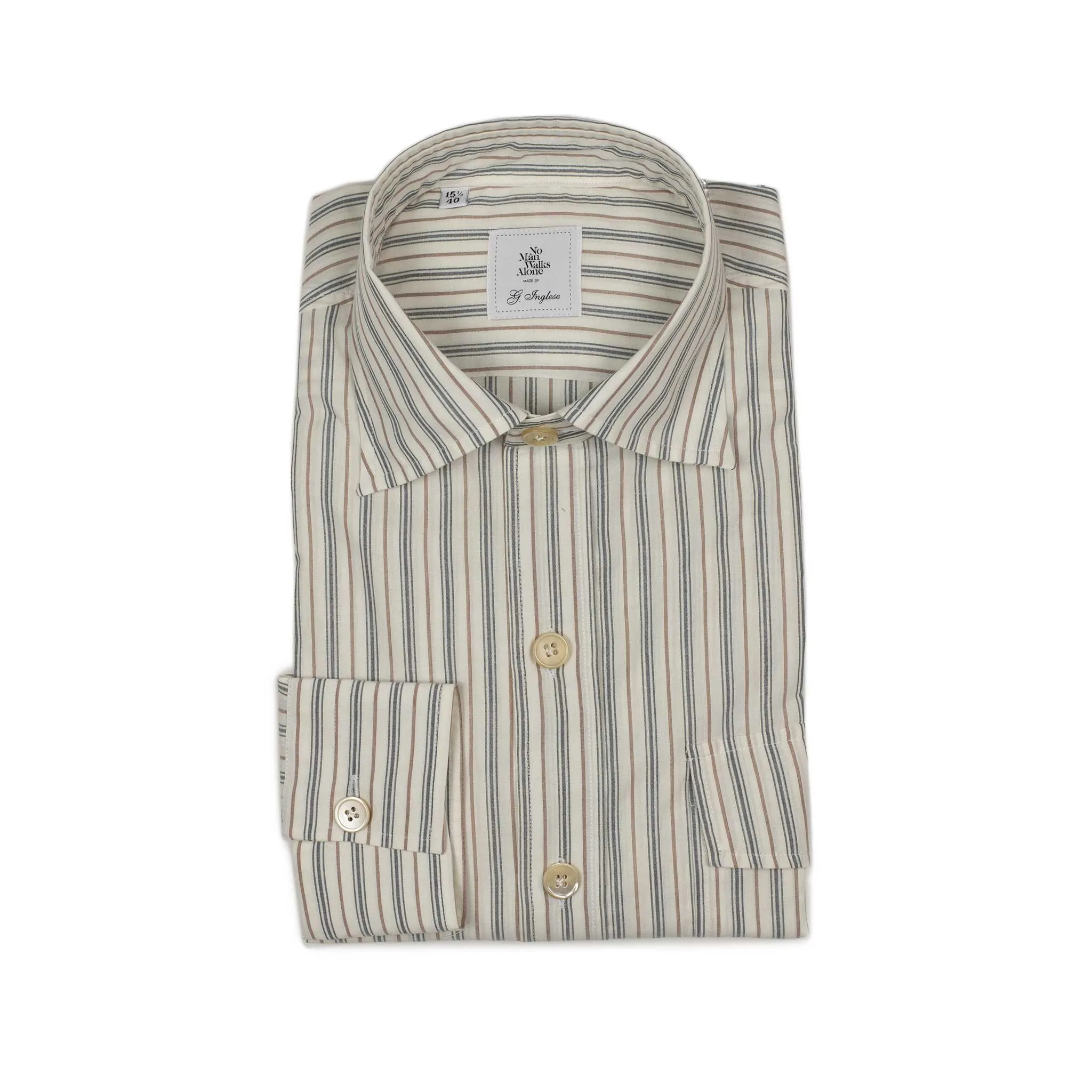 Exclusive Work Shirt in ecru cotton with blue and tan retro stripes