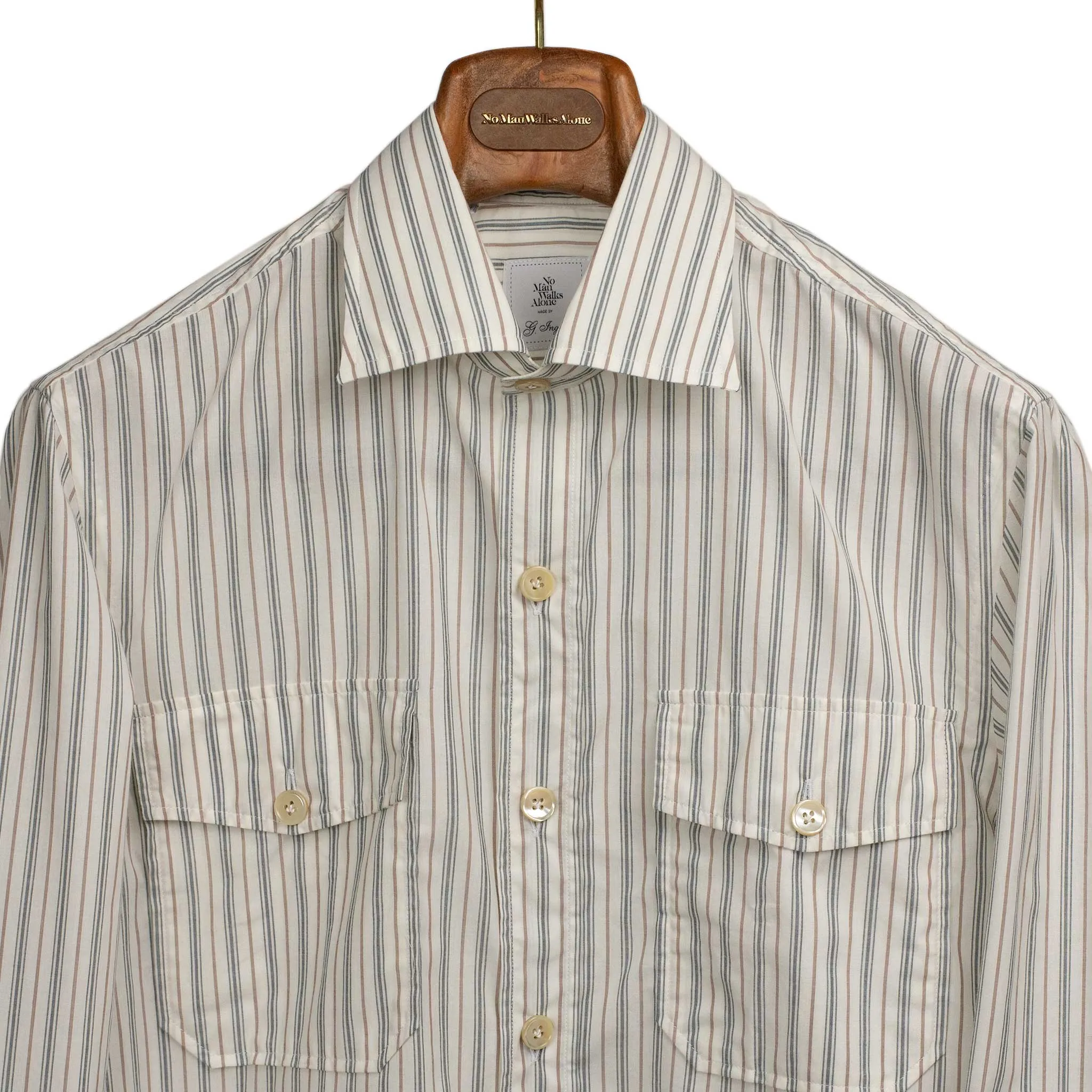 Exclusive Work Shirt in ecru cotton with blue and tan retro stripes