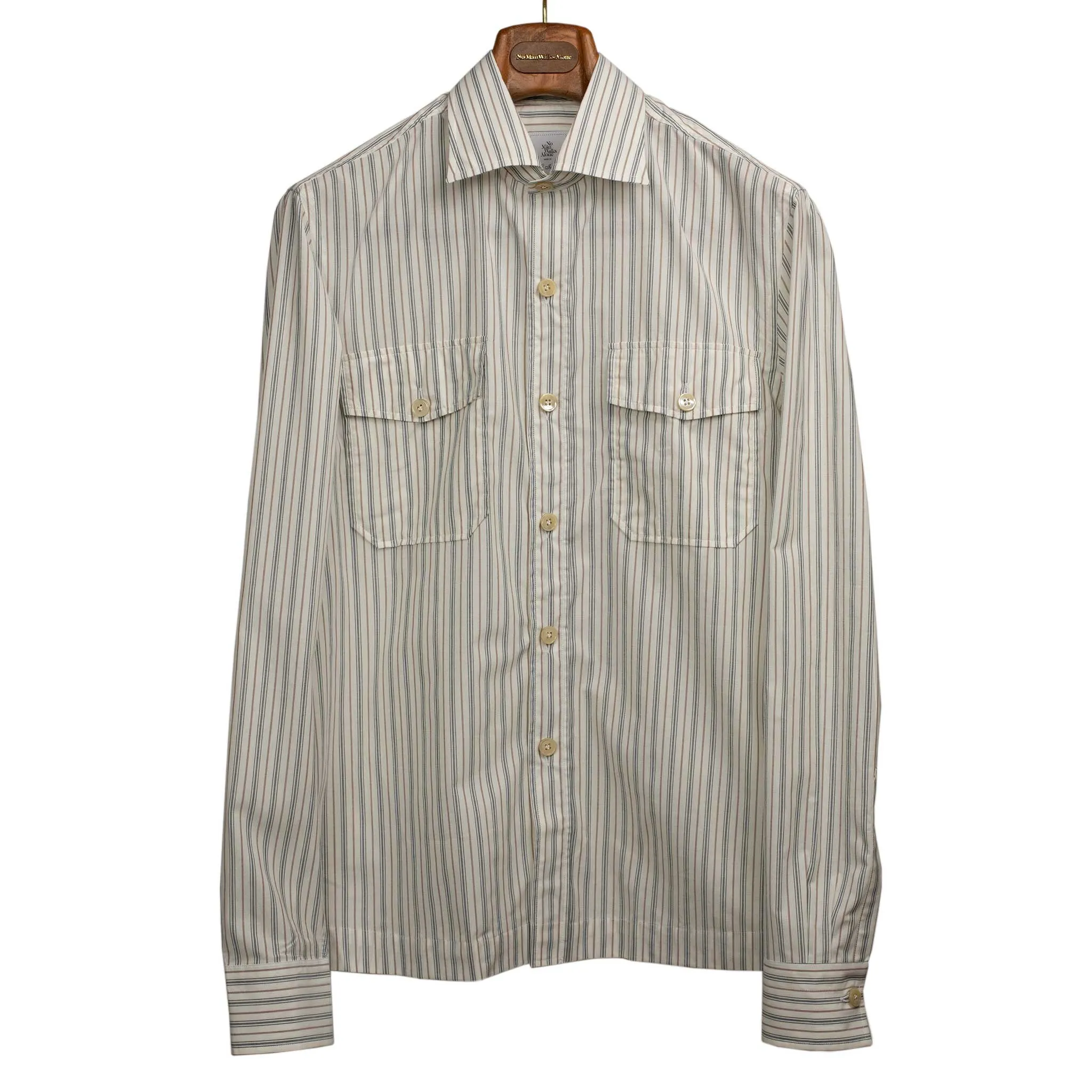 Exclusive Work Shirt in ecru cotton with blue and tan retro stripes