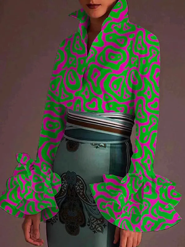 Fashion Falbala Flared Sleeves Printed Lapel Collar Blouses&Shirts Tops