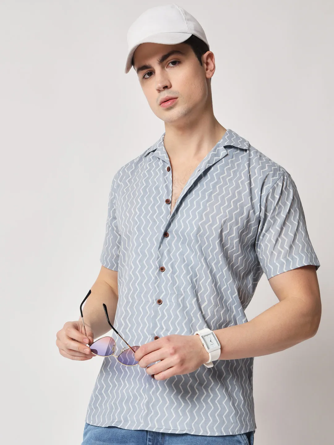 Firangi Yarn 100% Jaipuri Cotton Resort Chevron Printed Cuban Collar Casual Shirt Grey