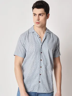 Firangi Yarn 100% Jaipuri Cotton Resort Chevron Printed Cuban Collar Casual Shirt Grey