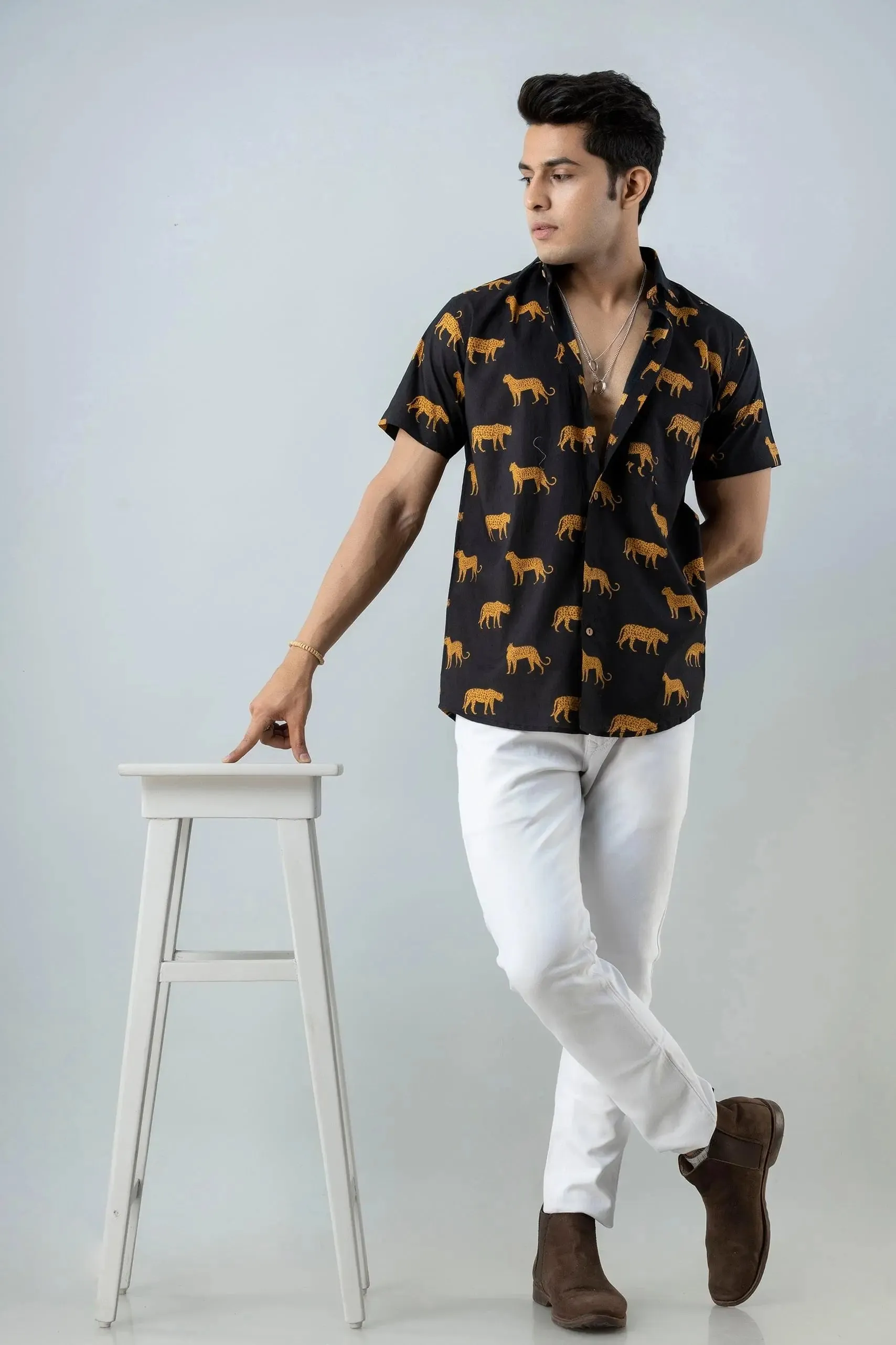 Firangi Yarn Block Printed Cotton Black Tiger Printed Shirt For Men