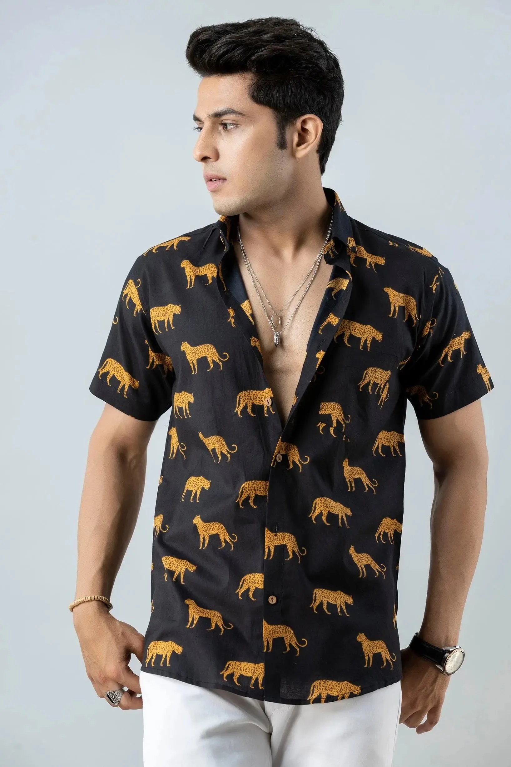 Firangi Yarn Block Printed Cotton Black Tiger Printed Shirt For Men