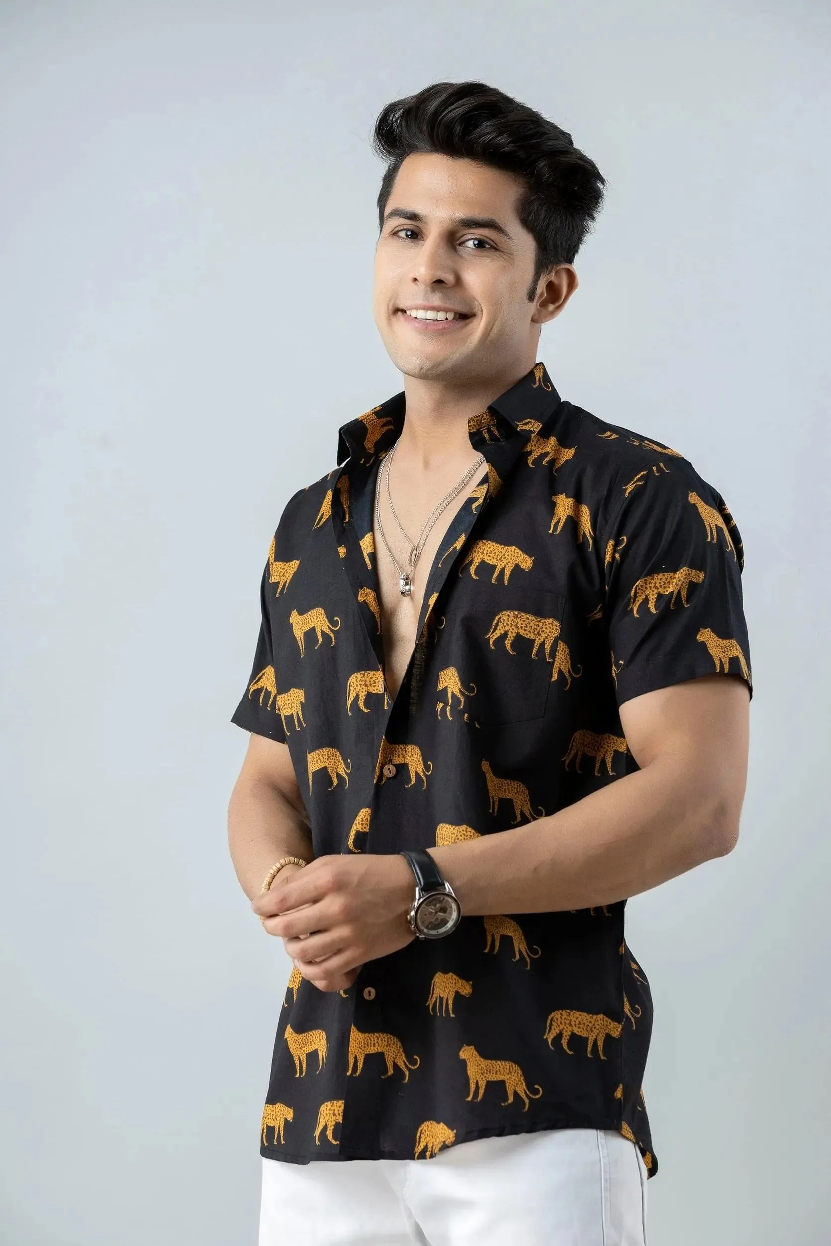 Firangi Yarn Block Printed Cotton Black Tiger Printed Shirt For Men