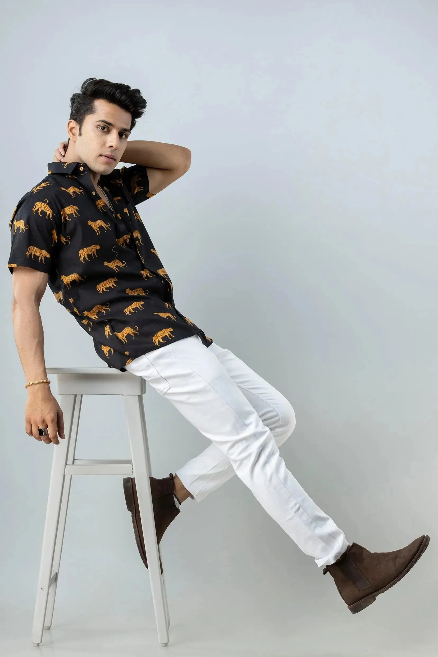 Firangi Yarn Block Printed Cotton Black Tiger Printed Shirt For Men