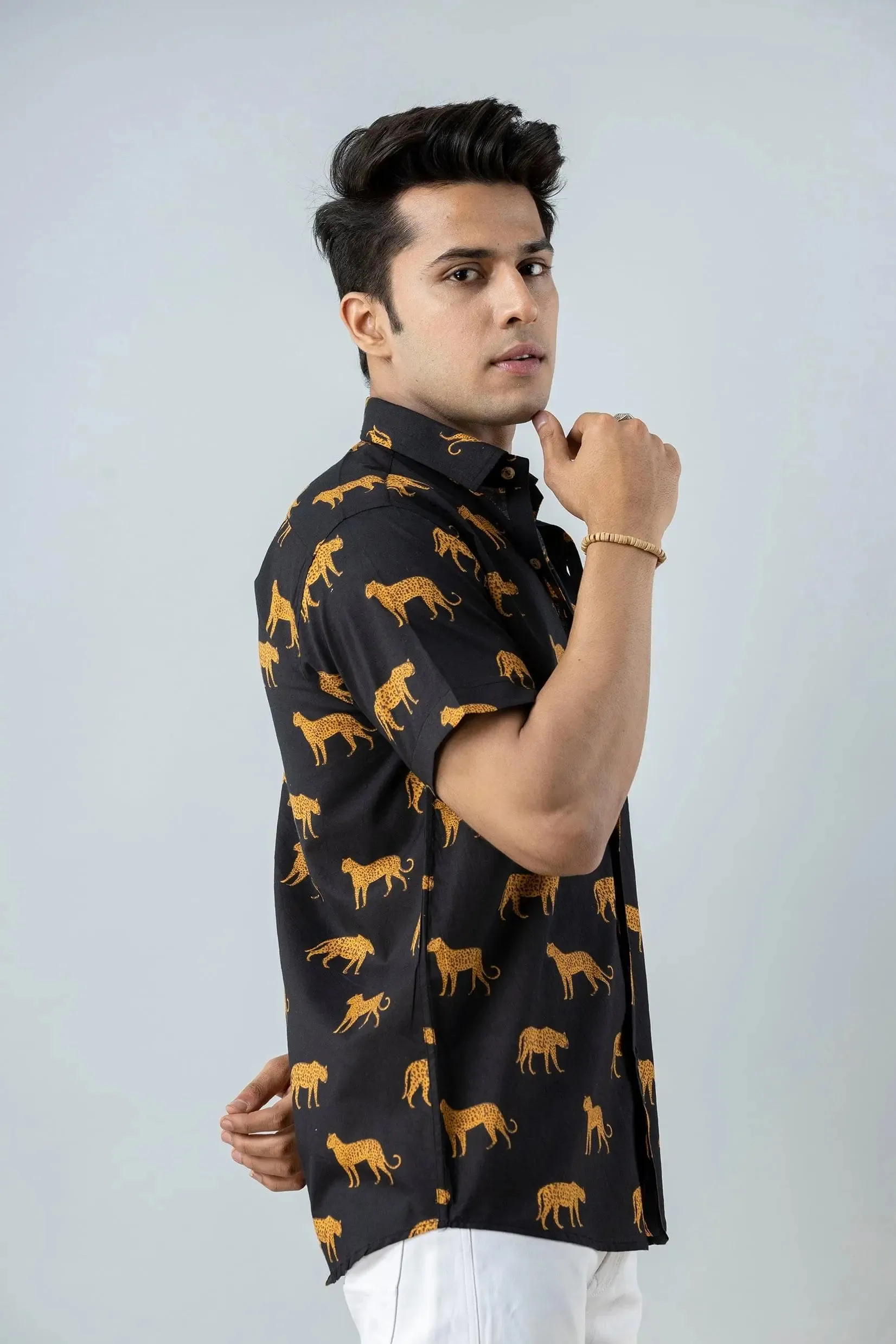 Firangi Yarn Block Printed Cotton Black Tiger Printed Shirt For Men