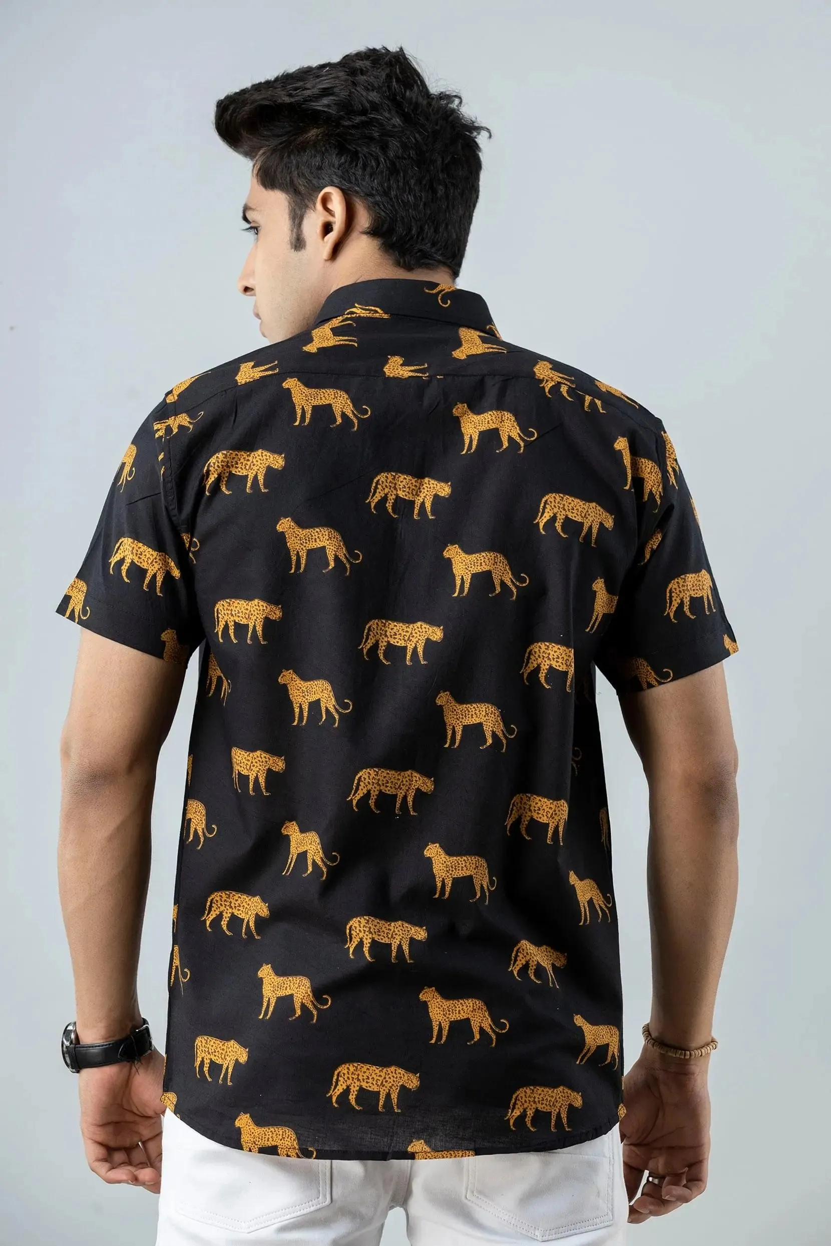 Firangi Yarn Block Printed Cotton Black Tiger Printed Shirt For Men