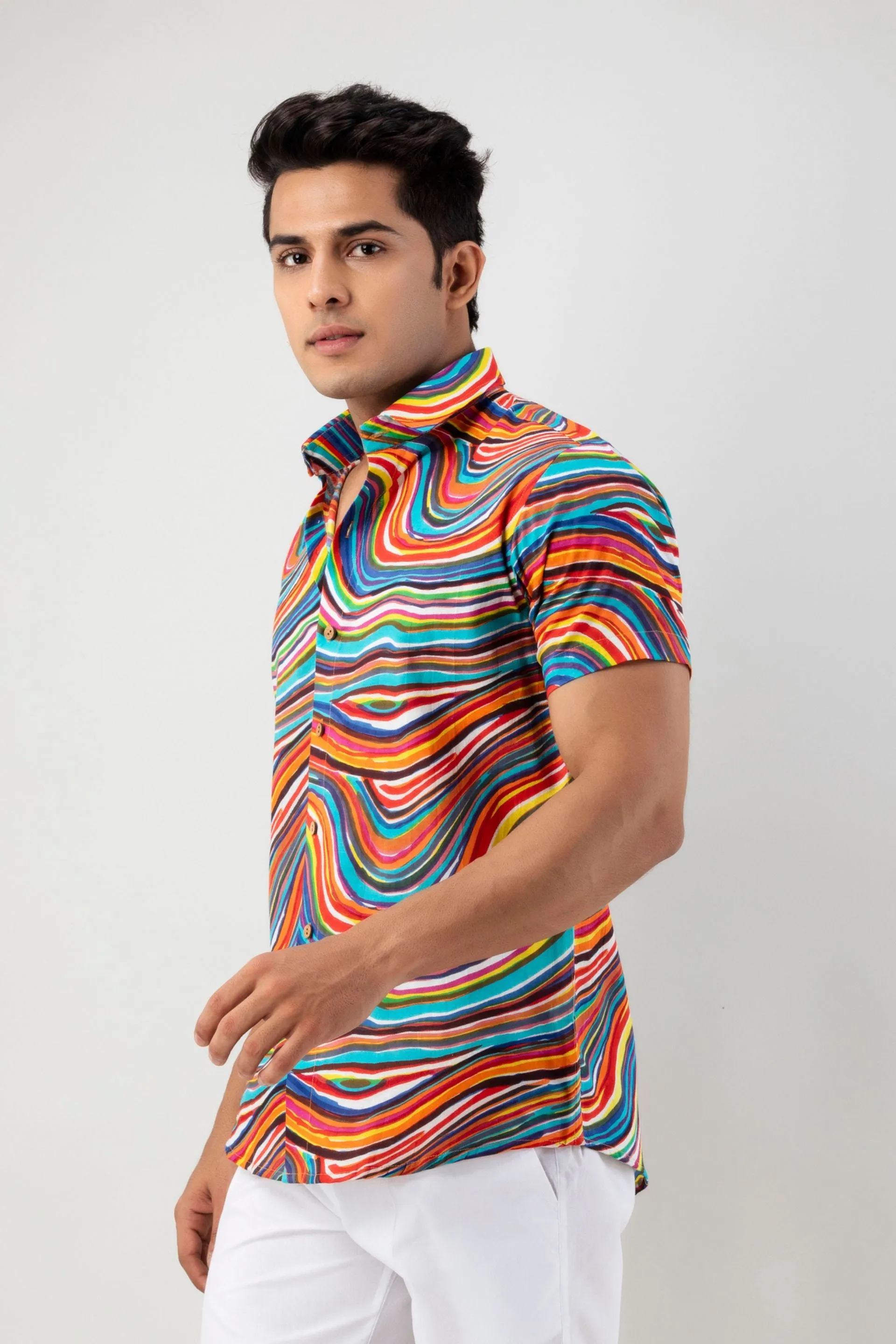 Firangi Yarn Leheriya Rainbow Cotton Shirt For Men - Half Sleeves