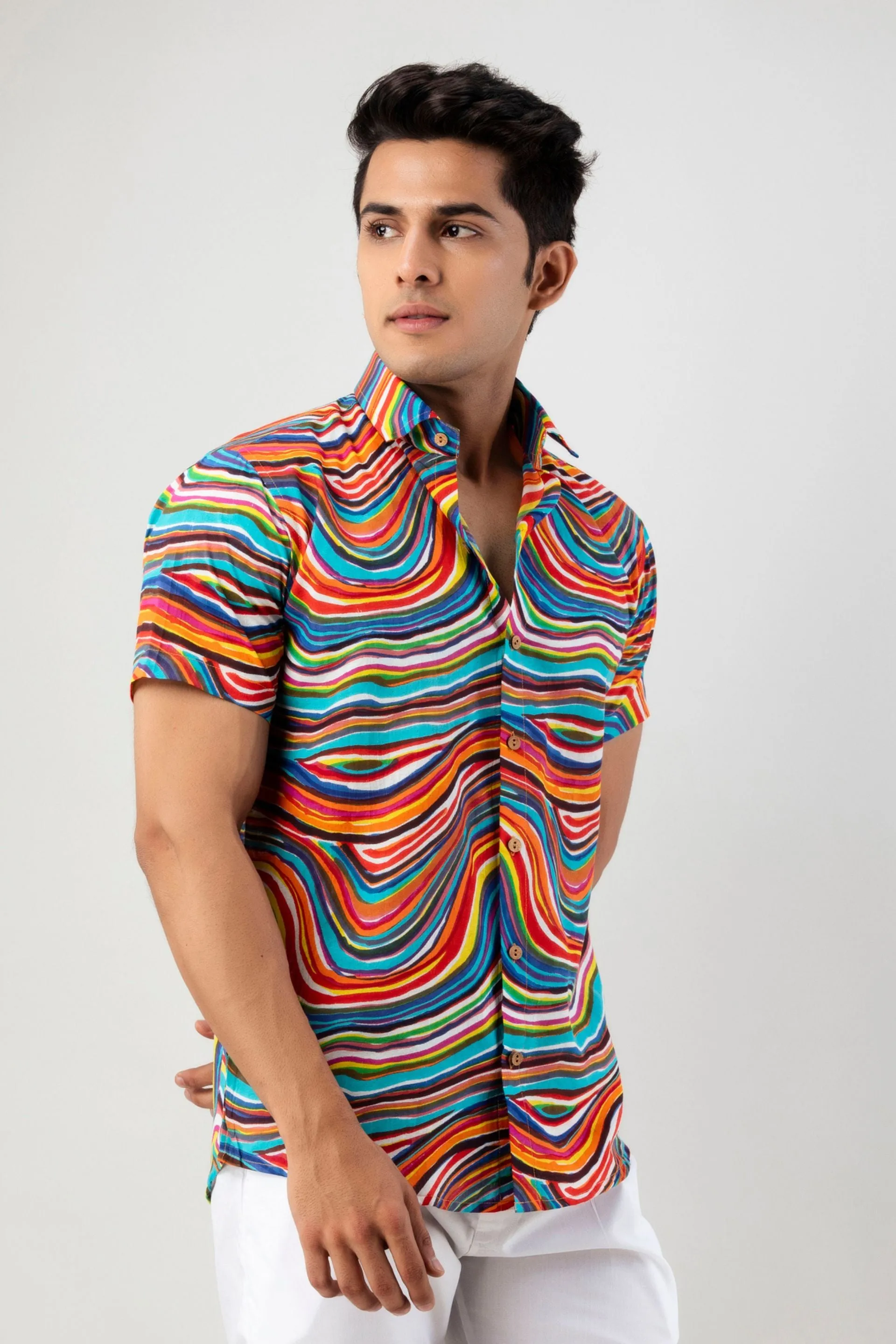 Firangi Yarn Leheriya Rainbow Cotton Shirt For Men - Half Sleeves