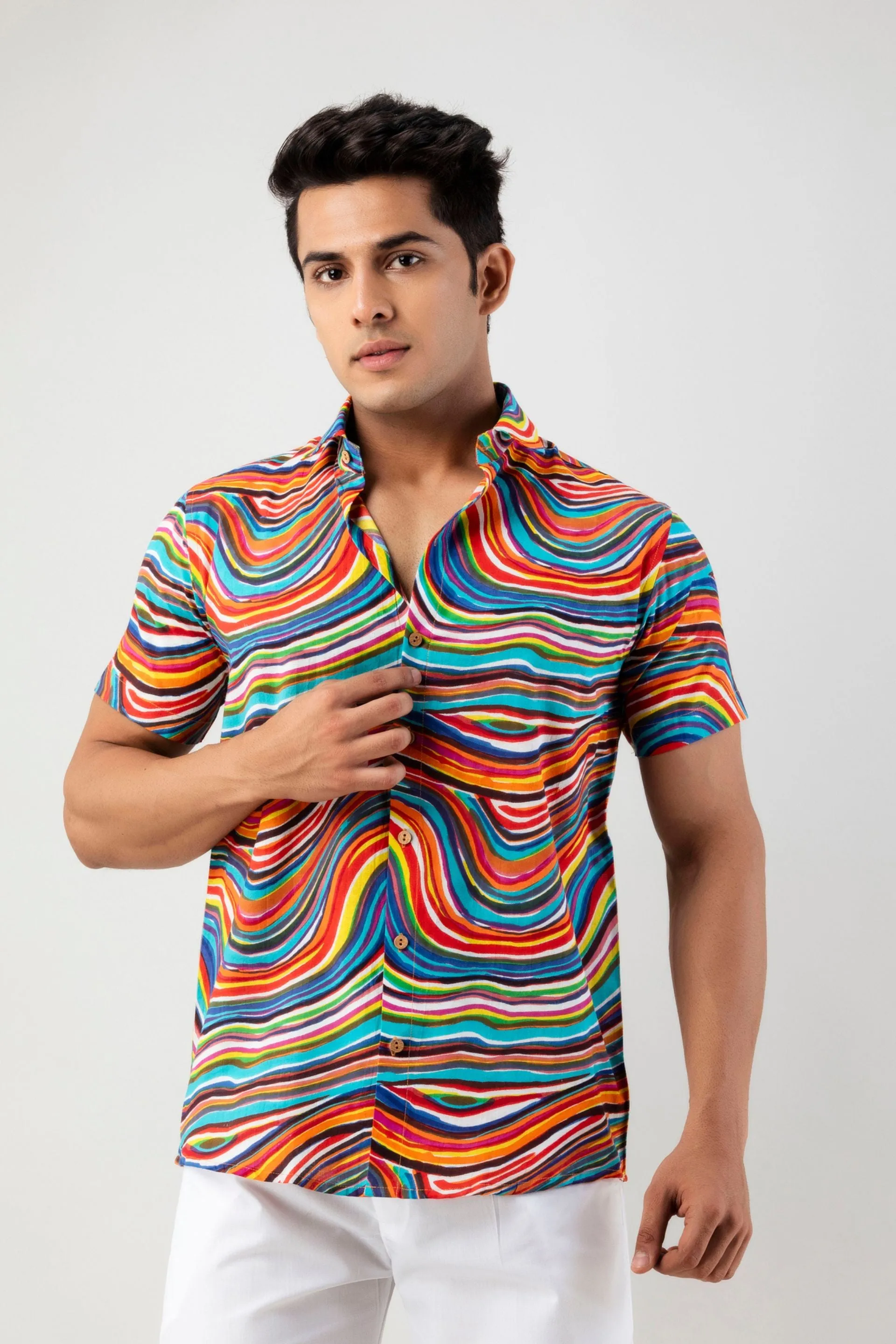 Firangi Yarn Leheriya Rainbow Cotton Shirt For Men - Half Sleeves