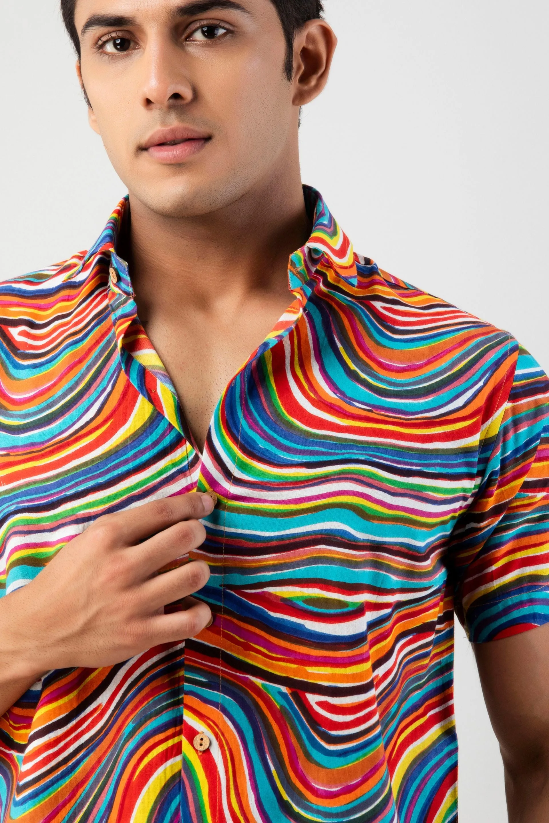 Firangi Yarn Leheriya Rainbow Cotton Shirt For Men - Half Sleeves