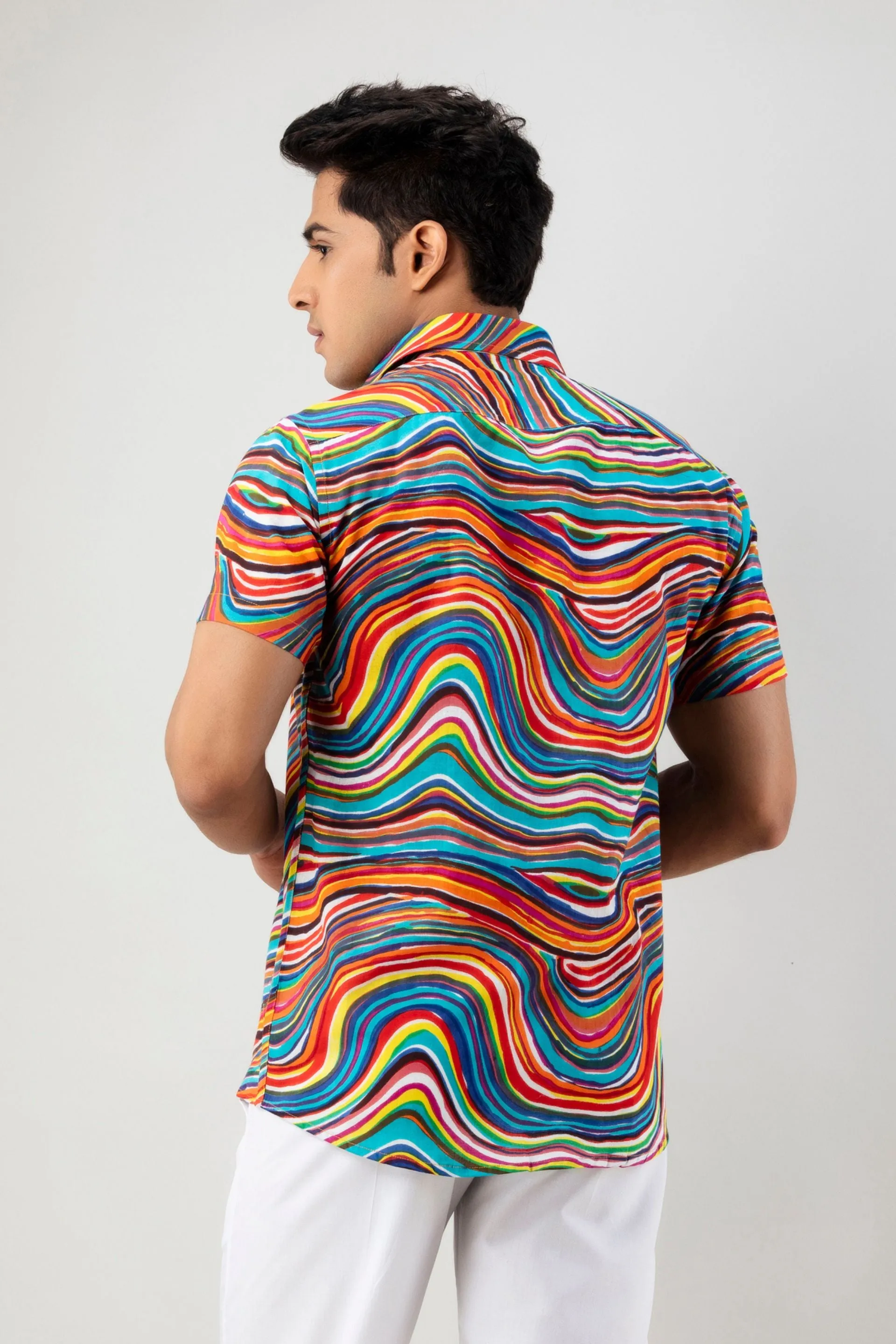 Firangi Yarn Leheriya Rainbow Cotton Shirt For Men - Half Sleeves