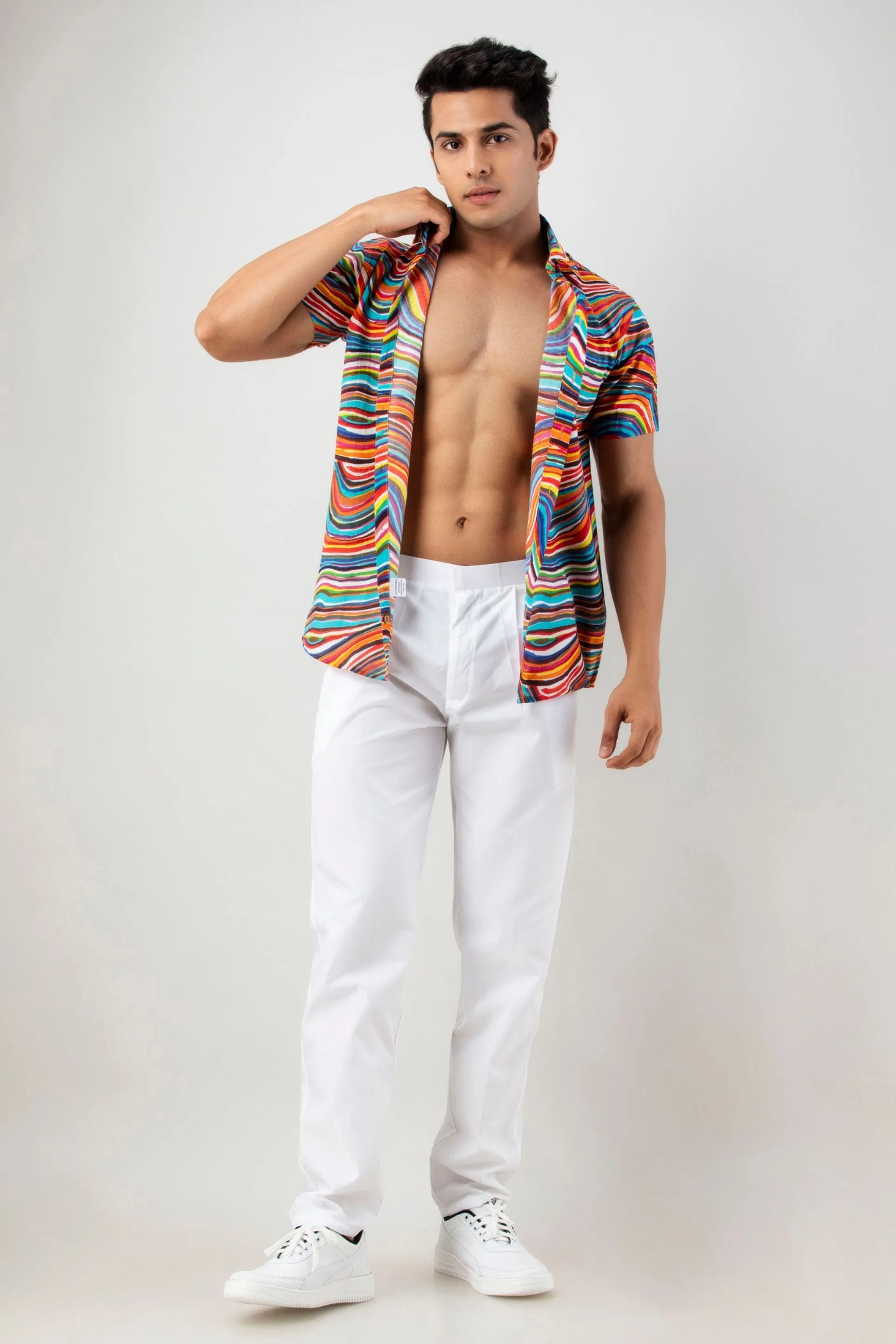 Firangi Yarn Leheriya Rainbow Cotton Shirt For Men - Half Sleeves
