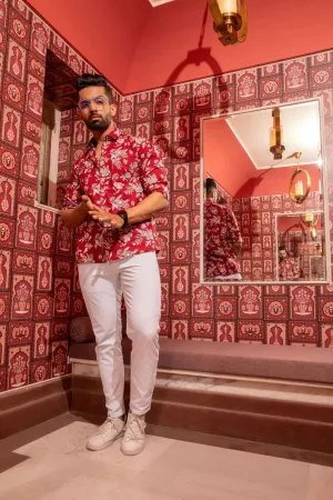 Firangi Yarn Maroon 100% Cotton Floral Shirt For Men - Full Sleeves